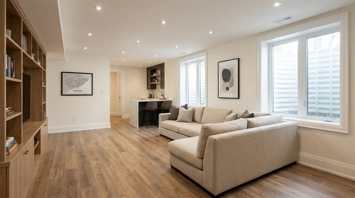 Finished basement renovation in Toronto - open-plan recreation room with luxury vinyl plank flooring and pot lights