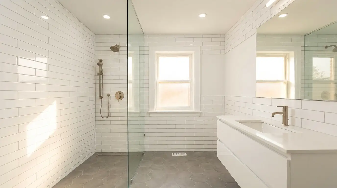 Modern mid-range bathroom renovation in Toronto with white subway tile, walk-in shower, floating vanity, and hexagon floor tile