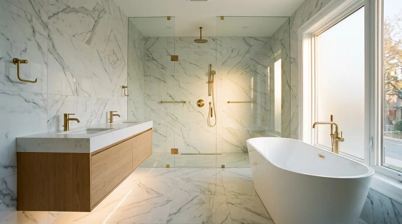 Luxury bathroom renovation in Toronto with large-format marble tiles, floating vanity, frameless glass shower, and brushed gold fixtures