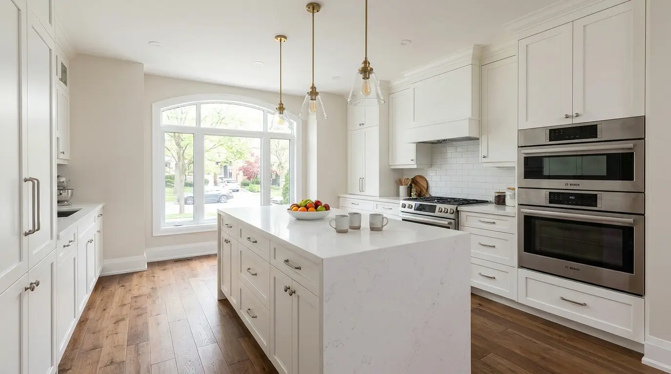 Modern white kitchen renovation in Toronto with quartz waterfall island and stainless steel appliances