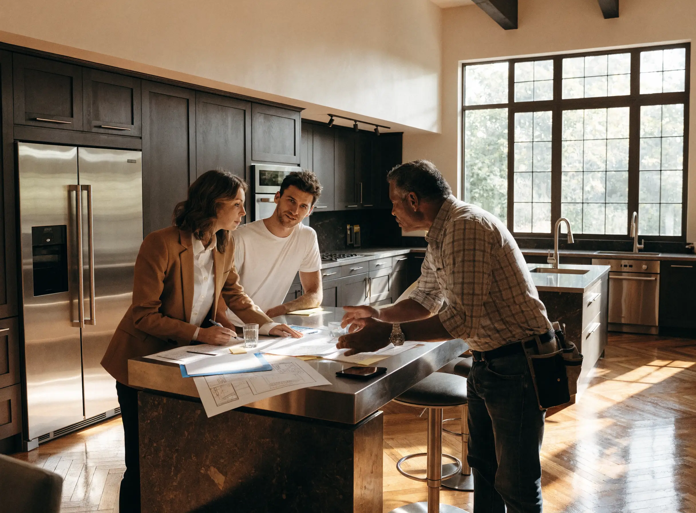 Homeowner couple reviewing kitchen renovation plans with a contractor