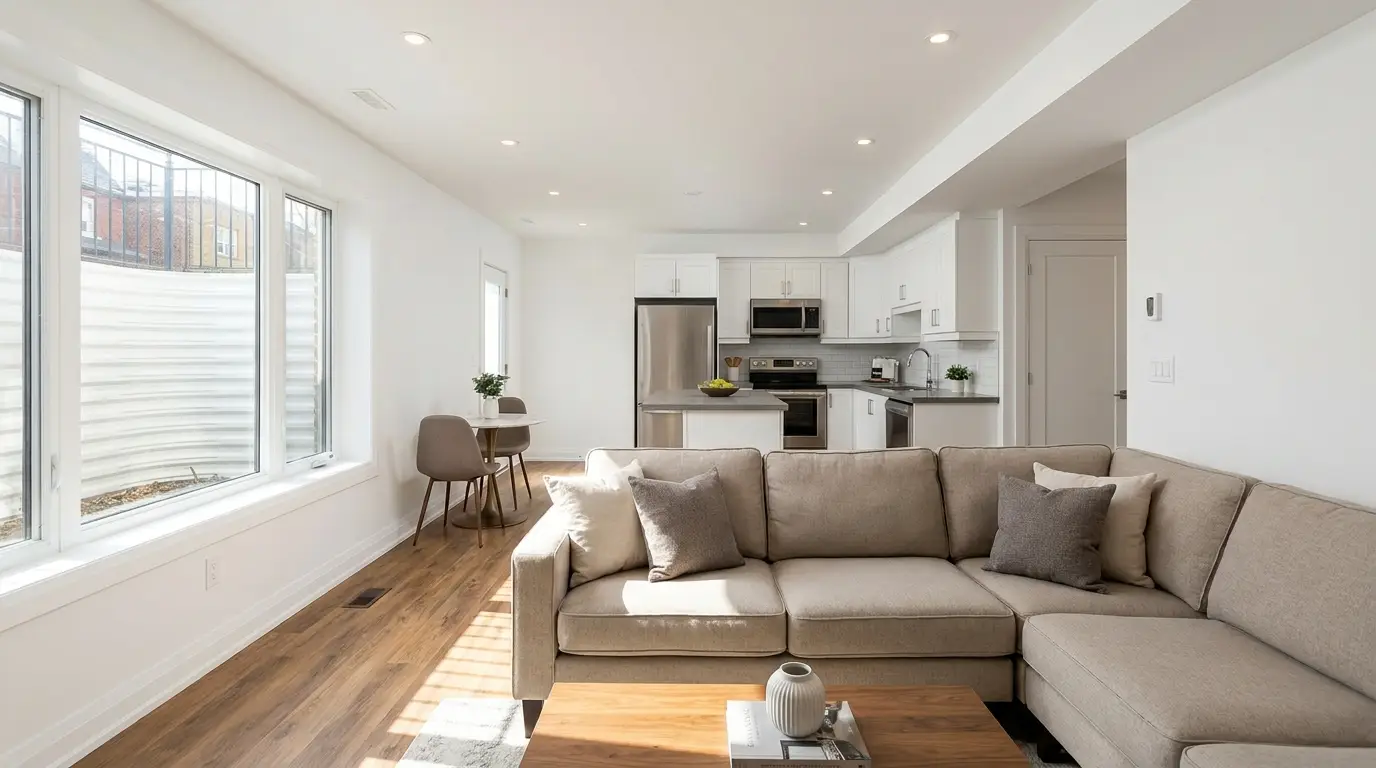 Legal basement suite in Toronto - finished open-plan living area with egress window, luxury vinyl plank flooring, and modern finishes