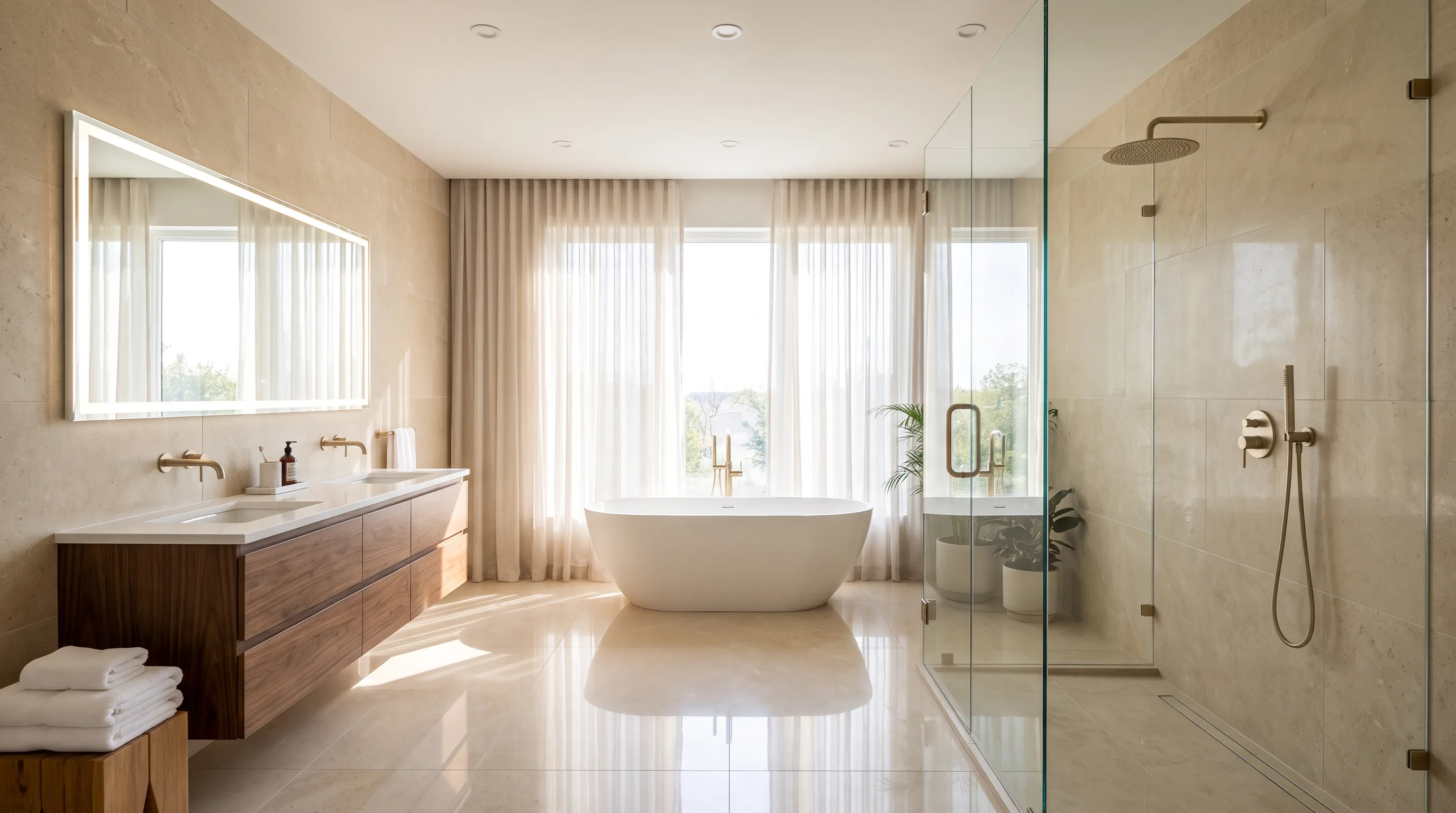 Modern luxury bathroom renovation with freestanding tub, glass shower, and walnut vanity