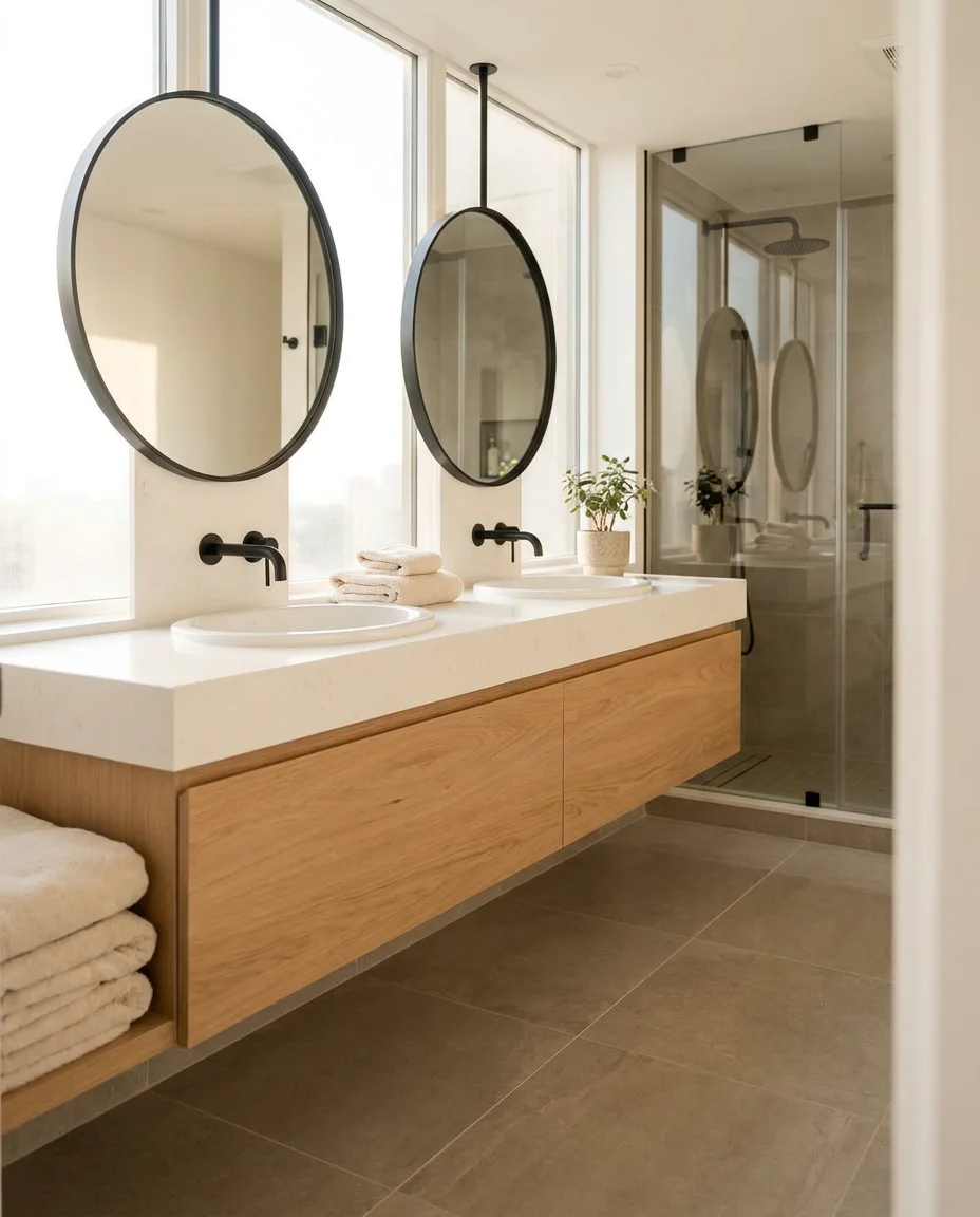Luxury Toronto ensuite bathroom renovation - floating vanity and walk-in shower