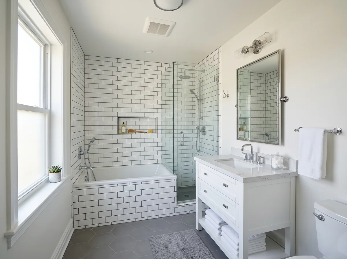 Family bathroom renovation with tub, glass shower, and subway tile