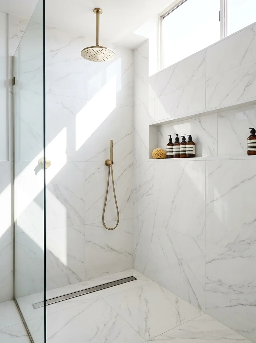 Walk-in shower with marble-look tile and brass fixtures