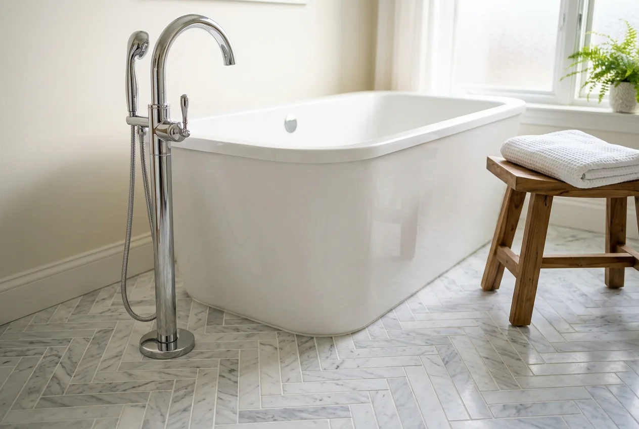 Freestanding tub and herringbone tile detail by Adept