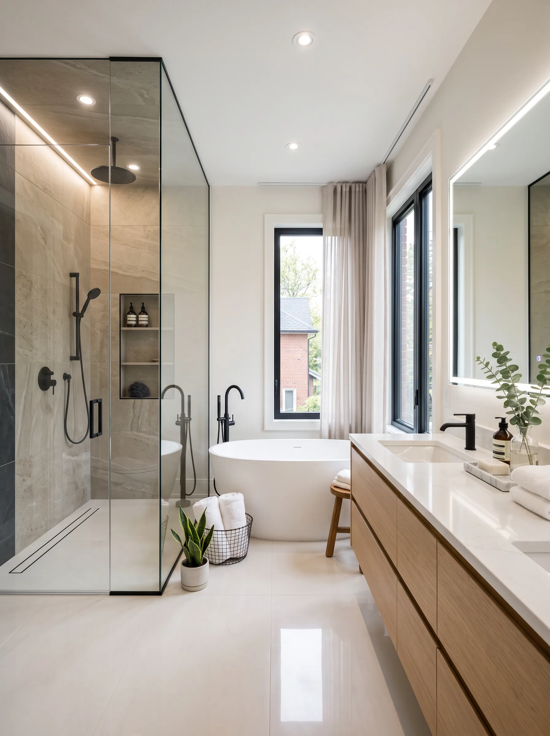 Finished Toronto bathroom renovation with glass shower, freestanding tub, and oak vanity
