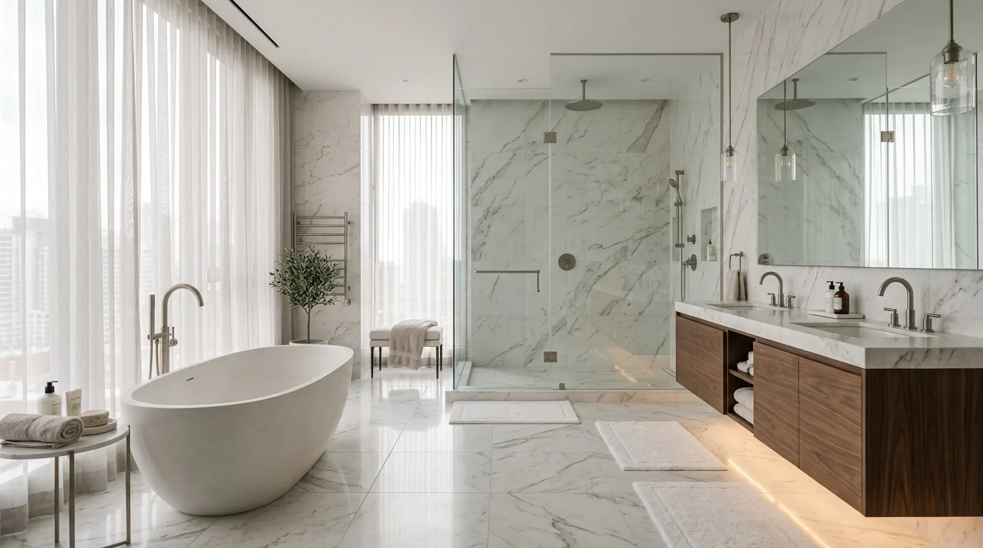 High-end Toronto ensuite bathroom with freestanding tub and spa shower